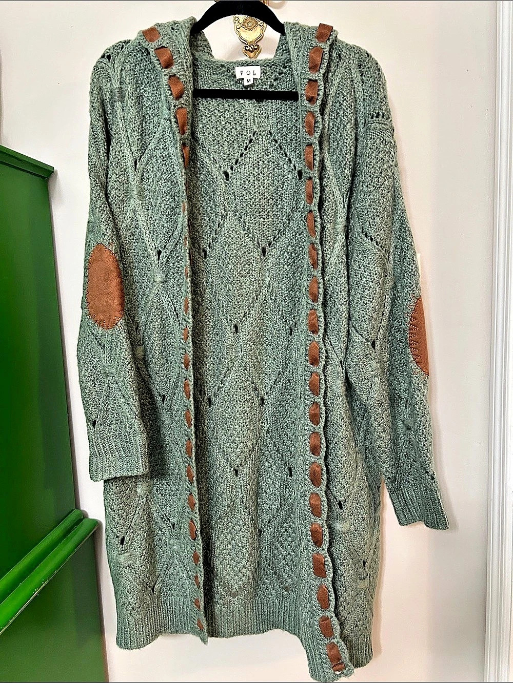 POL Cozy Chunky Cable Knit Hooded Long Cardigan Duster with Elbow Patches Green